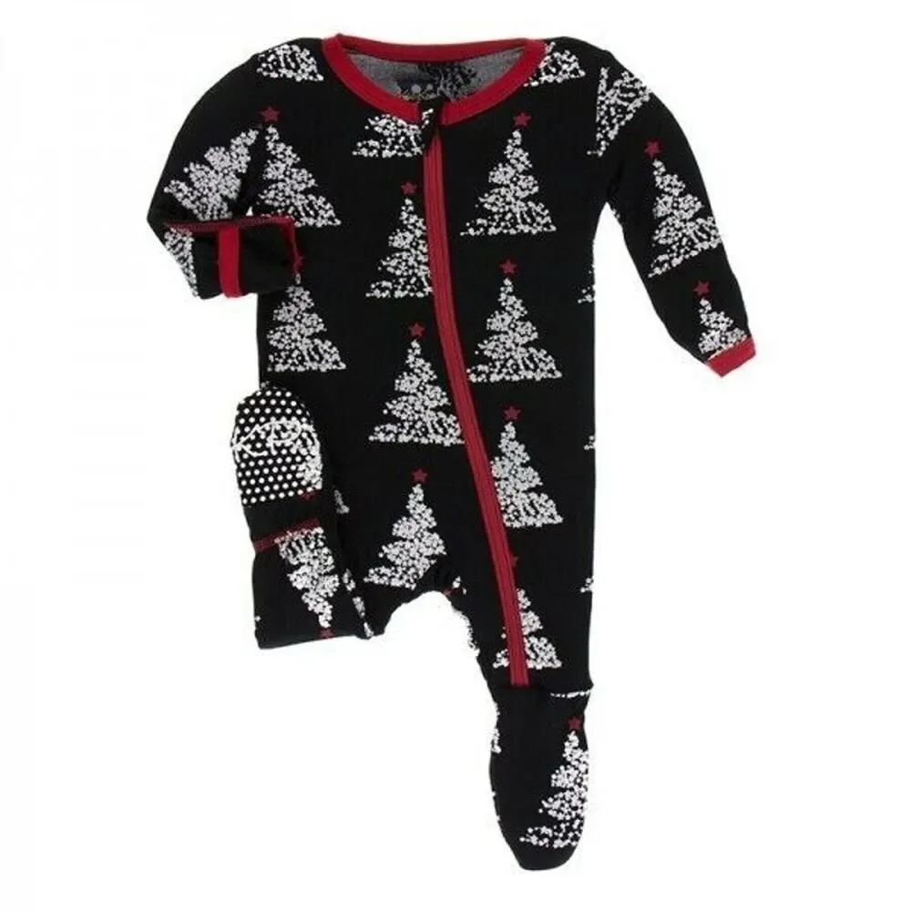 KICKEE PANTS Christmas Tree Foil One Piece Sleeper Pjs Zip Pajamas Black 6-9m